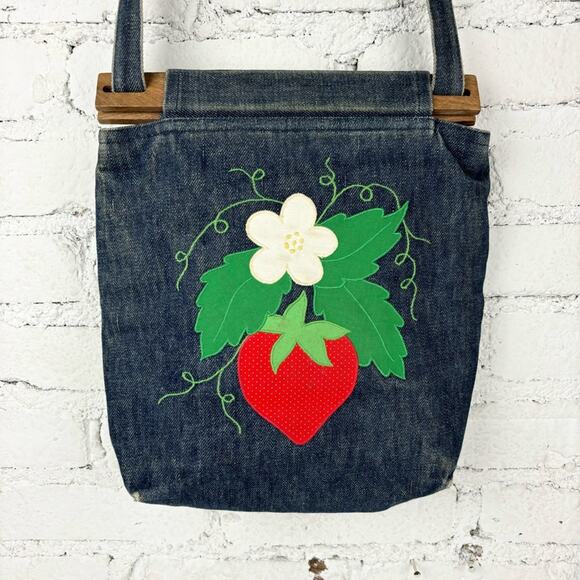 Vintage Handmade Strawberry Applique Denim Purse - Picture 2 of 7